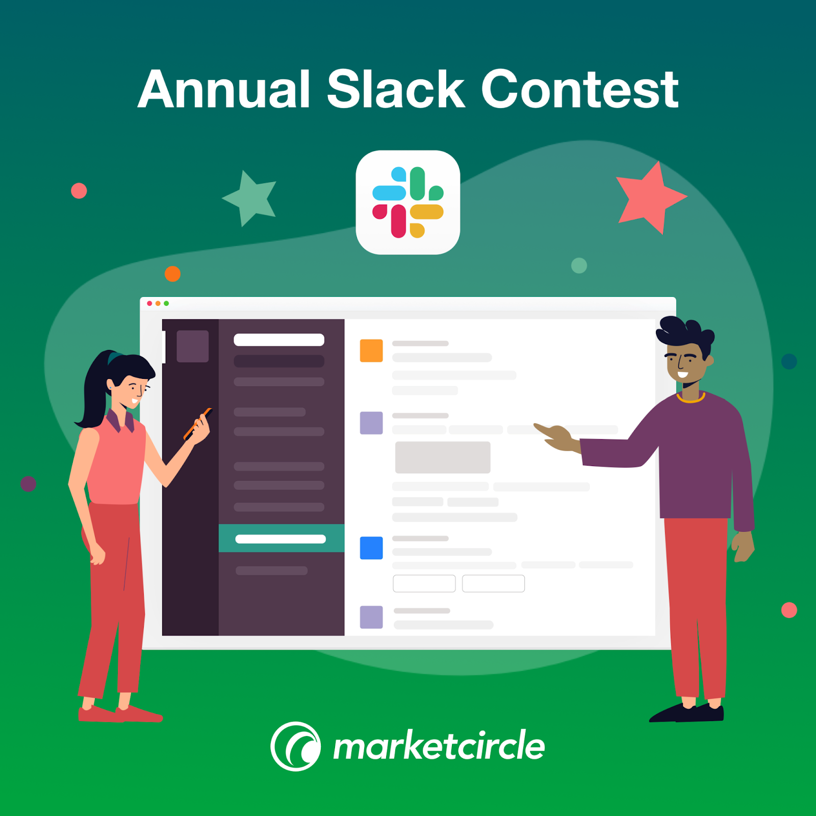 Two people stand beside a Slack screen. Title says "Annual Slack Contest"