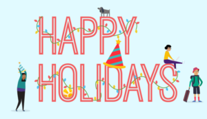 Happy holidays text with festive animated characters