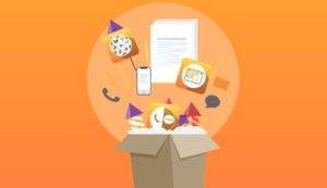 animated cardboard box on orange background opening with app icons