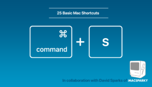 Graphic shows a command and the S keyboard keys side by side horizontally with a plus sign in-between them. Title reads "25 basic Mac keyboard shortcuts"