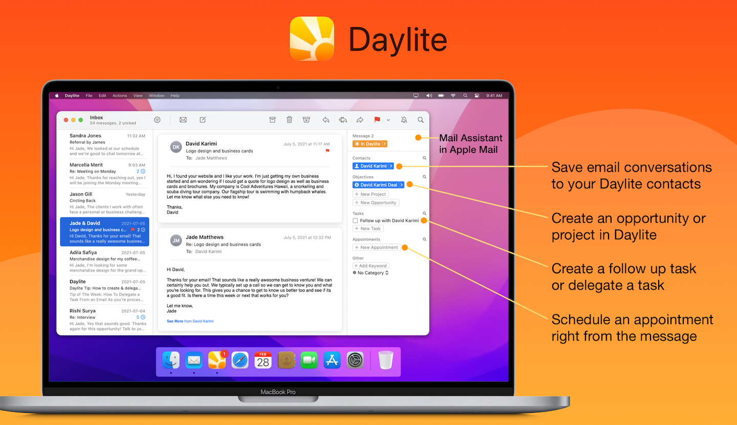 Example of Daylite Mail Assistant's main functions and features, such as save conversations to contacts in Daylite and creating follow up tasks.
