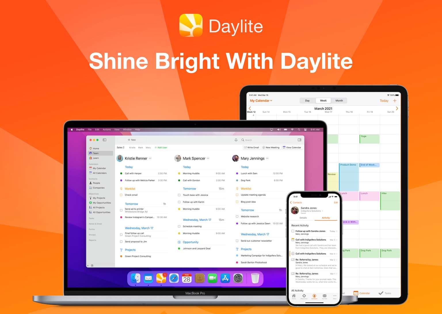 Graphic shows a MacBook, an iPad and an iPhone, all displaying different Daylite screenshots. Signature orange background. Title says: Shine Bright with Daylite.