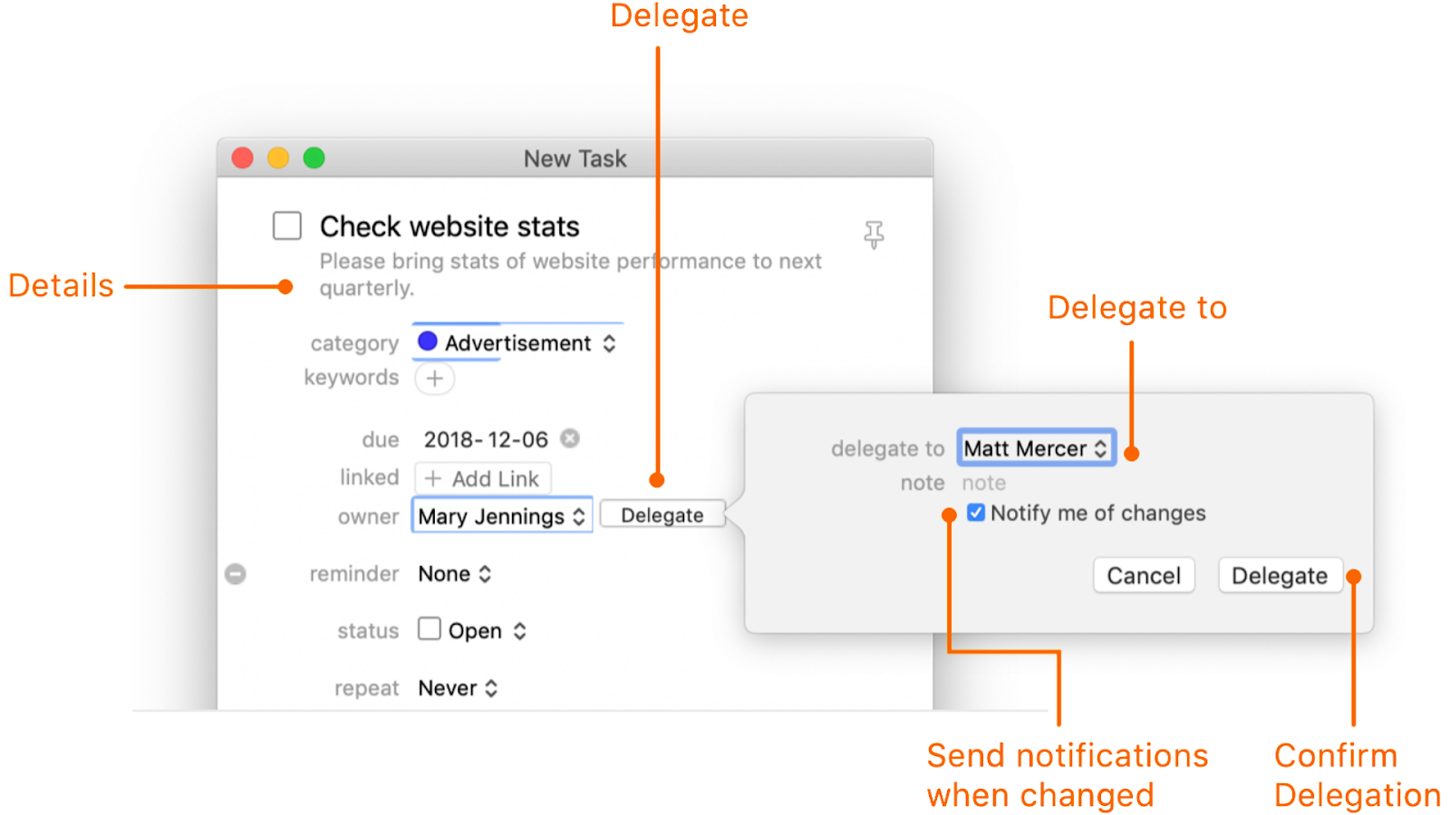 Example of how to create and delegate a task in Daylite