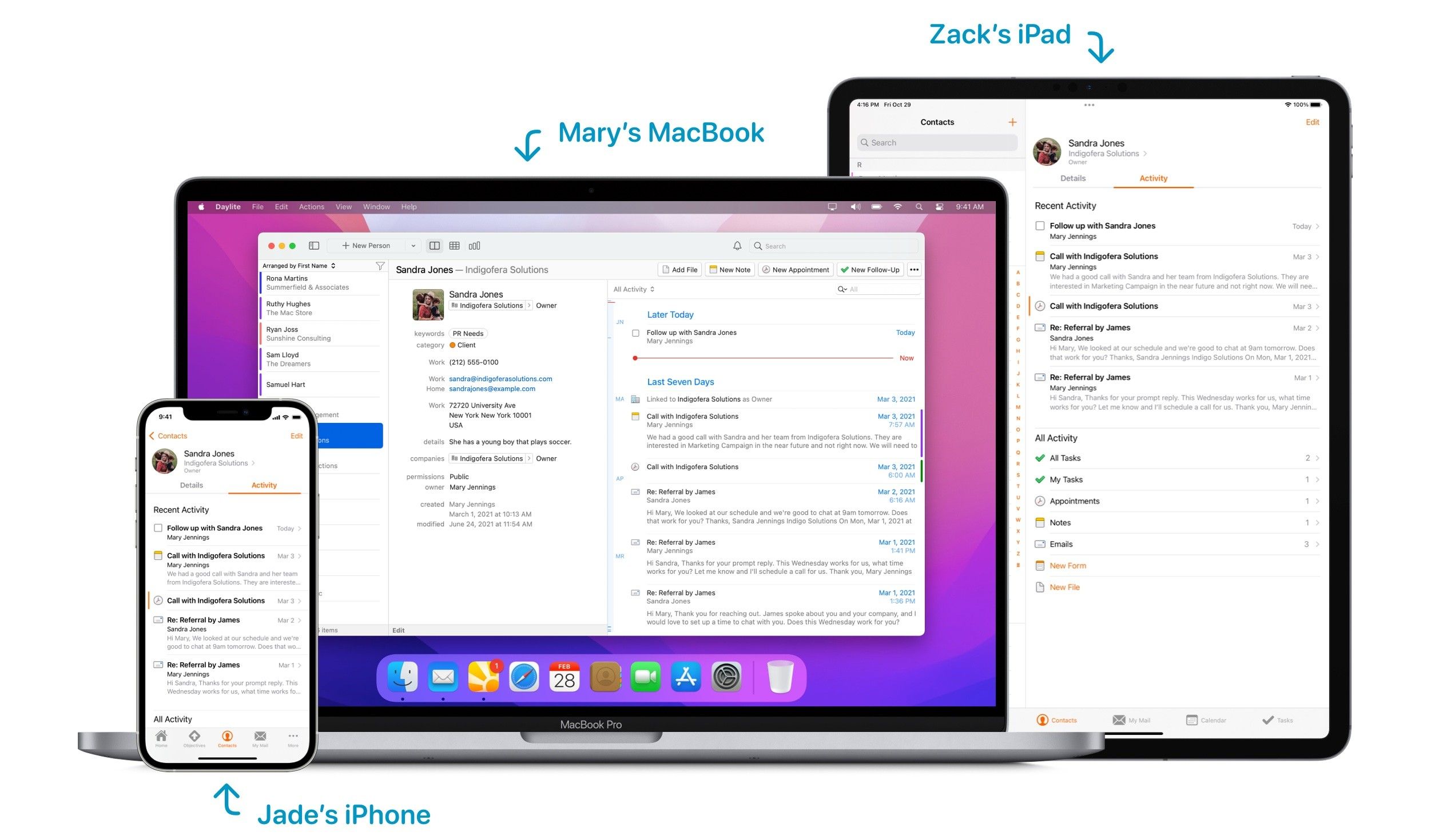 Screenshot of how multiple team members can access the same information using Daylite on Mac, iPad and iPhone.