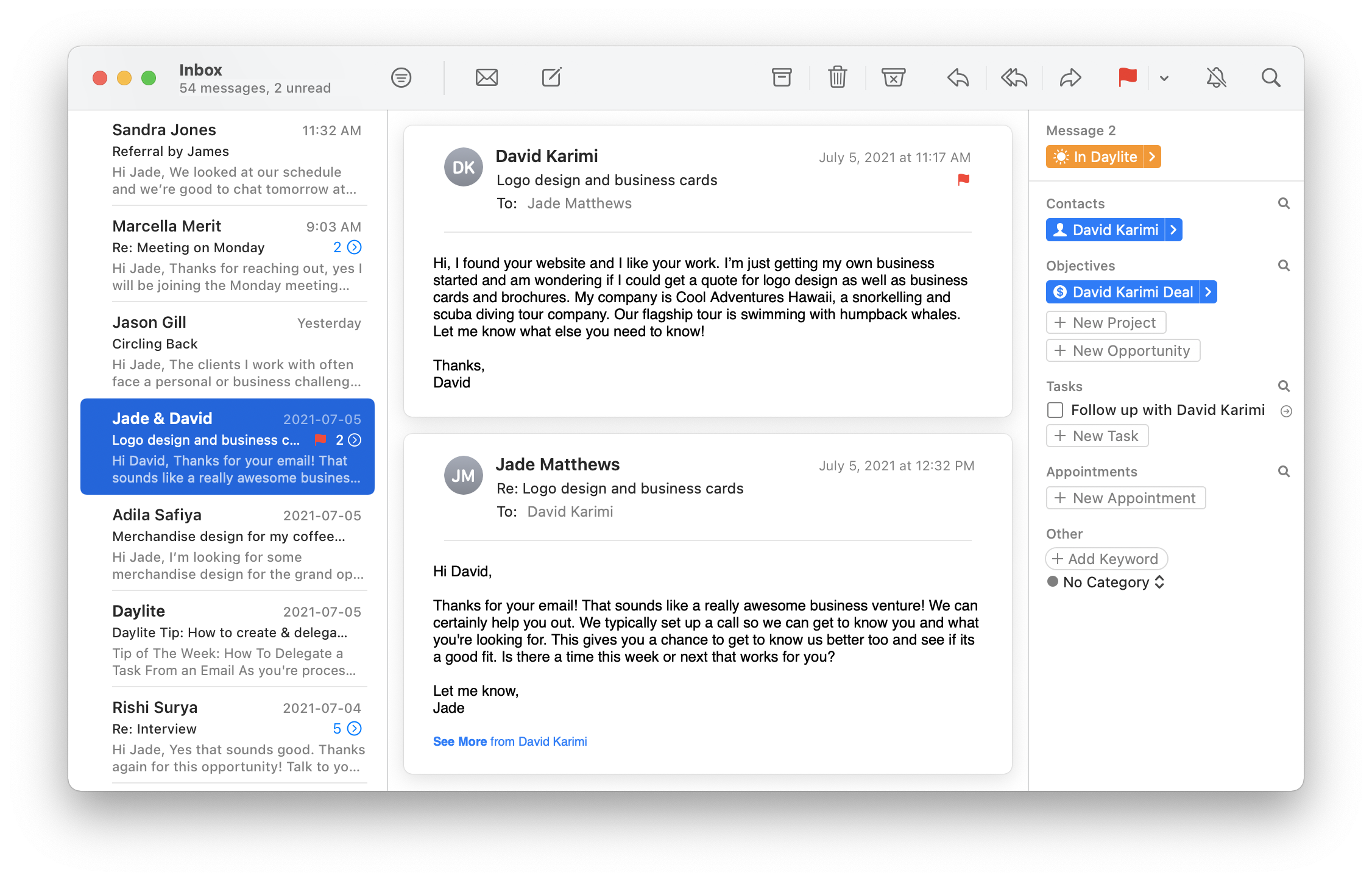Screenshot of what Daylite Mail Assistant looks like.