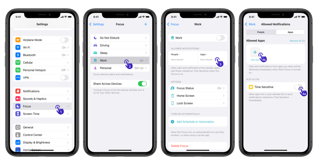 Four iPhone screens show a step by step of setting up a focus mode on iOS 15. 