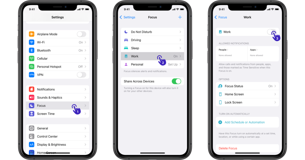 Three iPhone screens side by side show how to activate a focus mode on iOS 15