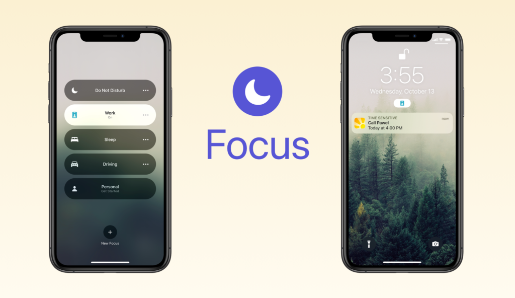 Two iPhone screens, side by side, show a work focus mode set and a Daylite time sensitive notification respectively. 