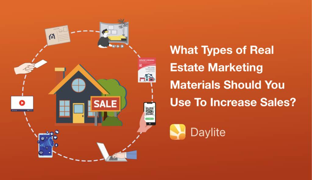 Illustration shows, on the right, a house with a "Sale" sign. The house is surrounded by eight icons related to the types of Real Estate marketing real estate agents can use to increase sales.