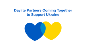 Illustration shows two hearts intertwined, the one on the left is blue and the one on the right is yellow, the colour of the Ukranian flag. Title: Daylite partners coming together to support Ukraine.