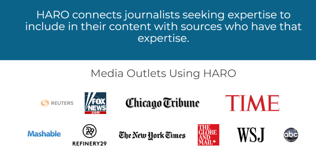 Screenshot of Help A Reporter Out Website showing the main media outlets using HARO