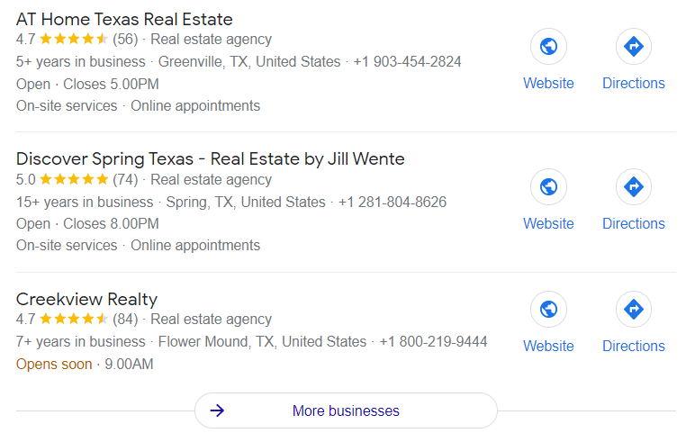 Screenshot of a Google search for “real estate agents near Texas”, where three different Google Business Profiles show up