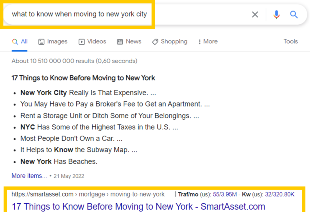 Screenshot from Google search for "what to know when moving to New York city" 