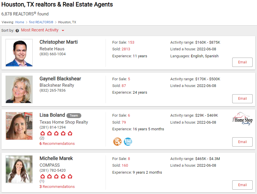 Screenshot of localized listing of Houston Texas real estate agents
