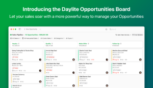 Screenshot of the Daylite Opportunities Board with title: Introducing the Daylite Opportunities Board, let your sales soar with a more powerful way to manage your Opportunities.