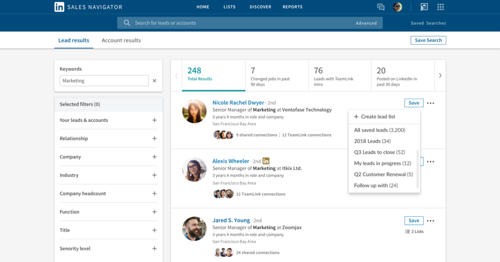 Screenshot of LinkedIn Sales Navigator.