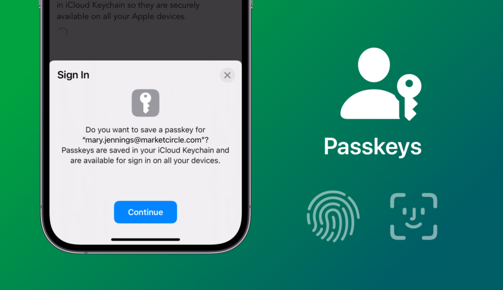 Graphic shows, on the left, the bottom half of an iPhone screen, showing a sign-in tab using passkeys. On the right, an icon of a person holding a key and the tittle "Passkeys", along with the TouchID and FaceID icons. Green background.