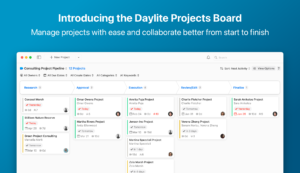 Graphic shows a blue background with a screenshot of Daylite's new feature, the Projects Board. Title reads "Introducing the Daylite Projects Board"