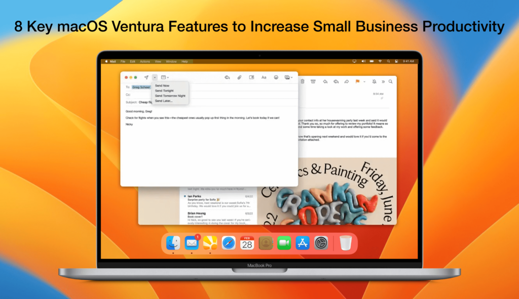 A MacBook at the centre showing the new email feature on Mac Ventura. The background is the blue and orange macOS Ventura wallpaper. Title says "8 Key macOS Ventura for Small Business Productivity".