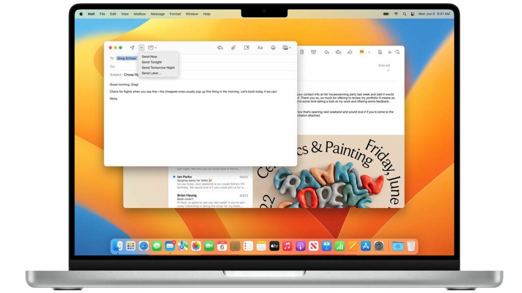Picture of a MacBook with the Apple Mail application open, showing how to unsend or schedule emails on Mac Ventura.
